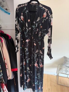 All Saints Black Maxi Dress with Pink Flamingo & Green Foliage Print